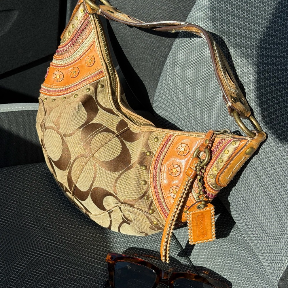 Coach Khaki Signature Canvas Shoulder Bag with Orange Trim